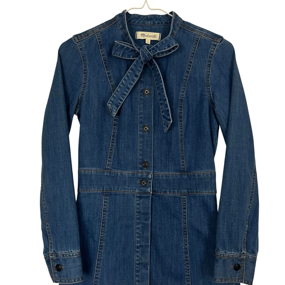 NWT Madewell Denim Tie-Neck Button Front Midi Shirt Dress Long Sleeve Size 00 - Picture 5 of 13
